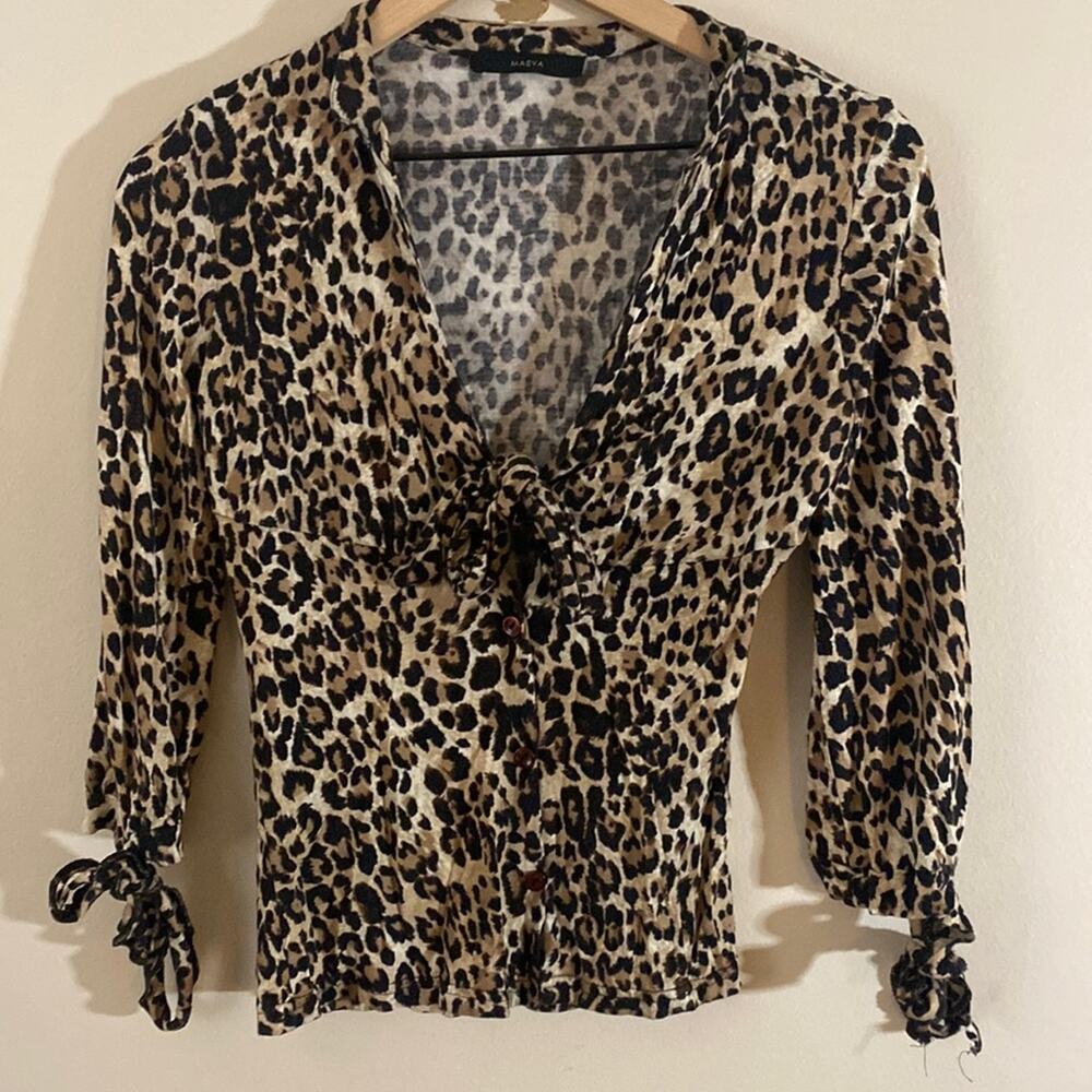 Maeva leopard print tie front button up blouse size XS